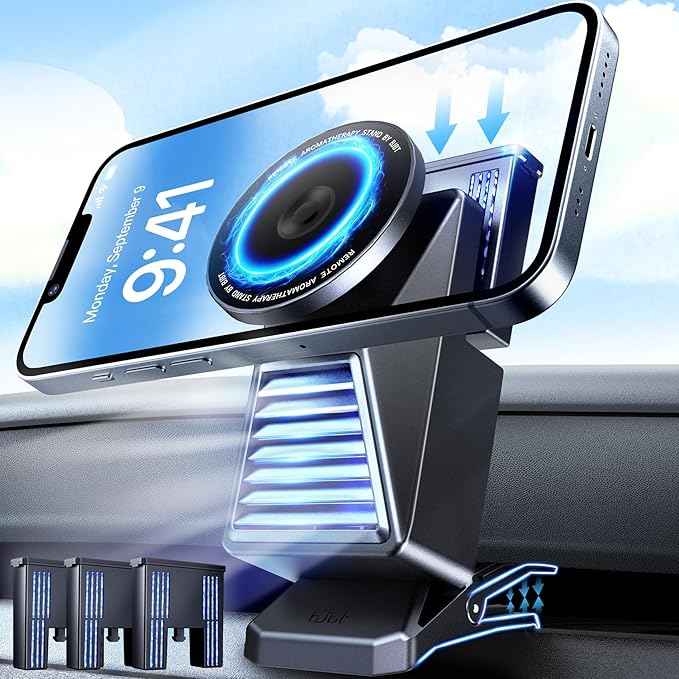 2-in-1 Magnetic Car Phone Holder & Aromatherapy Diffuser for Tesla Model Y Juniper 2025-2026 / Model 3 Highland 2024-2025 & 6-Seater YL, Screen Mount Air Freshener, Black(Ocean x3)