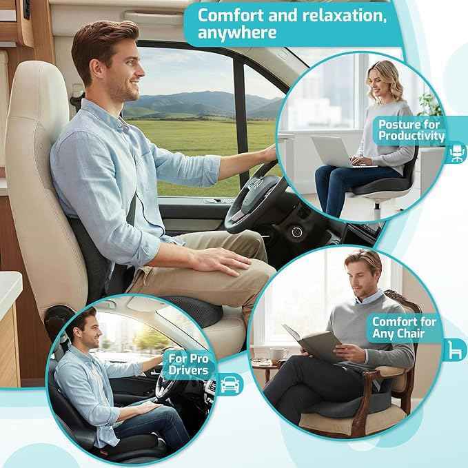 Trucker Seat Cushion, Car Seat Cushions with Lumbar Support Pillow, Ergonomic L-Shaped Orthopedic Memory Foam Pad for Long Driving Back Pain Sciatica Relief, Drivers Office Workers (Black+WE)
