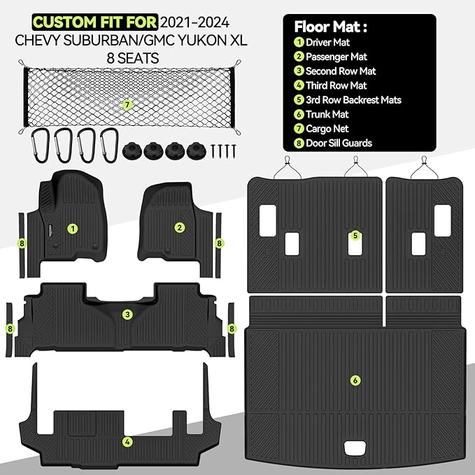 Tongama-Floor Mats for 2021-2024 Chevy Suburban/GMC Yukon XL 8 Seats with Bench Seats, All Weather TPE Trunk Mat & 3rd Row Backrest Mats & Cargo Net & Door Sill Guards for Suburban Accessories