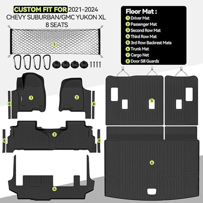 Tongama-Floor Mats for 2021-2024 Chevy Suburban/GMC Yukon XL 8 Seats with Bench Seats, All Weather TPE Trunk Mat & 3rd Row Backrest Mats & Cargo Net & Door Sill Guards for Suburban Accessories