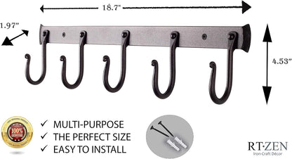 RTZEN Wall Mount Hook Set - Wrought Iron Decorative Rustic Metal Coat Hooks for Hanging - Handcrafted Classic Farmhouse Wall Mounted Black Hooks for Towel Robe or Hat Hanging - 5 Hook Rack