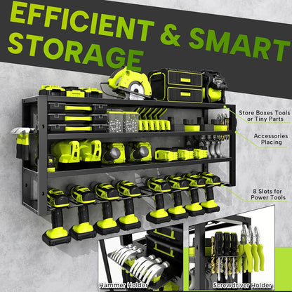 Large Power Tool Organizer Wall Mount,4 Layers 8 Drill Holder Heavy Duty Metal Cordless Tool Storage Loads 420lbs with Screwdriver Holder,Utility Racks for Garage, Workshop, Pegboard, Shed - 32 Inch