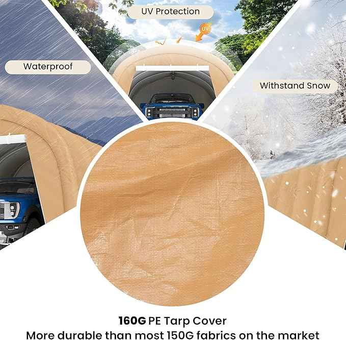COSIEST 13'×20' Storage Shelter Outdoor Round Carport, Heavy-Duty Garage Canopy with Dual Roll-Up Doors Weatherproof PE Cover, Multi-Purpose Vehicle/Tractor Shed for Backyard/Driveway/Farm(Beige)