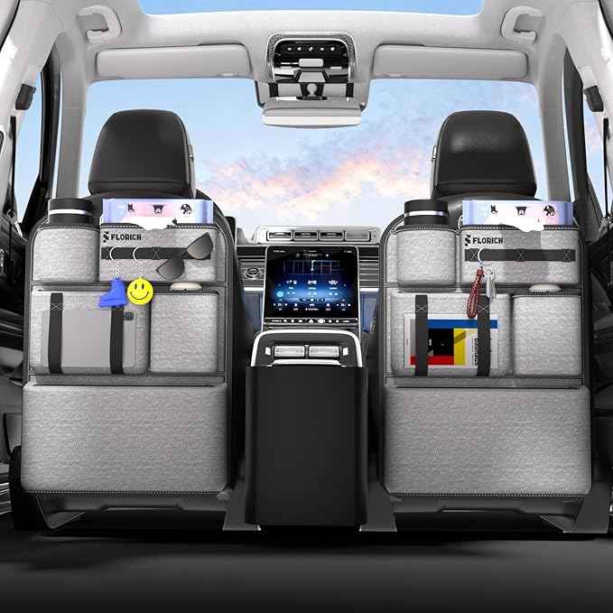 FLORICH 2 PACK PU Coated Fabric Car Backseat Organizer, Durable Large capacity Seat Back Organizer and Storage with 6 Pocket, Kick Mats Back Seat Protector for Kids Universal Fit