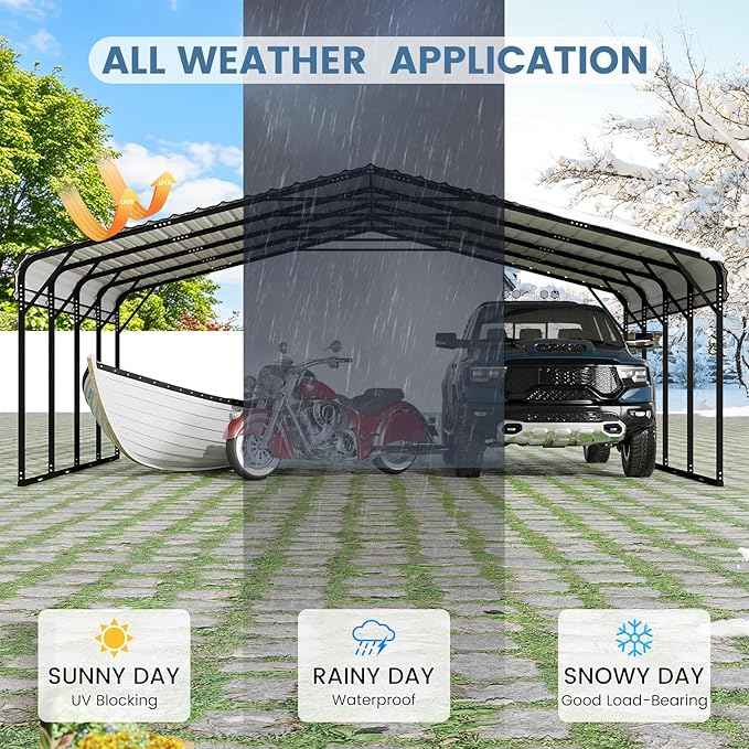 EROMMY 20‘x20’ Stable Metal Carport, All-Weather Heavy-Duty Carports with Strong Base, Sturdy Car Shed with Galvanized Steel Roof and Frame, Easy Assembly Car Port for 2 Cars, Tractors, Boat, Gray