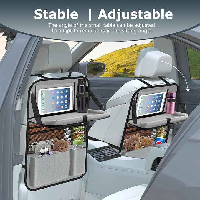 Car Backseat Organizer with table Tray, 9 Storage Pockets Backseat Car Organizer with Tablet Holder, Back seat Organizer for Kids Road Trip Essentials Travel (1Pack)