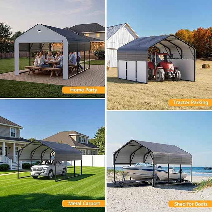10x16 Metal Carport with Removable Sidewalls, Heavy Duty Car Carport Canopy, 100MPH Wind Resistance for Cars, Boats, Trucks, Outdoor Parties