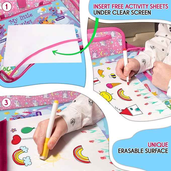 Kids Travel Tray - Waterproof Lap Table with No-Drop Large Tablet Holder - Car Seat Tray - Road Trip Essentials Kids - Car Desk Organizer for Airplane - Toddler Travel Essentials (UNICORN)