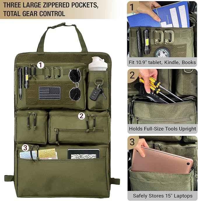 Tactical Seat Back Organizer Heavy Duty MOLLE Panel Organizer with Multiple Pockets & Hook Loop Panel for Road Trip Essentials, Universal Fit for Car SUV Truck Jeep (Army Green)