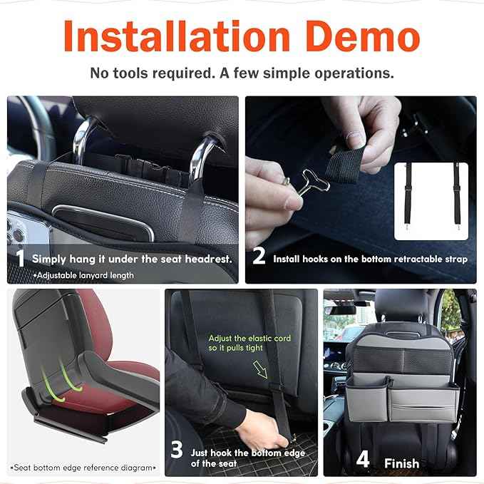 Leather Car Seat Back Organizer with Tissue Holder, Water Bottle Holder, Phone Holder for Road Trips. (Gray)