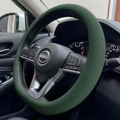PINCTROT D Shaped Nappa Leather Steering Wheel Cover, Slim Fit No Bulk Design, One Piece Leather with Breathable Perforation, Fit Like Gloves, Flat Bottom 14.5-15 Inch(Nappa Green)