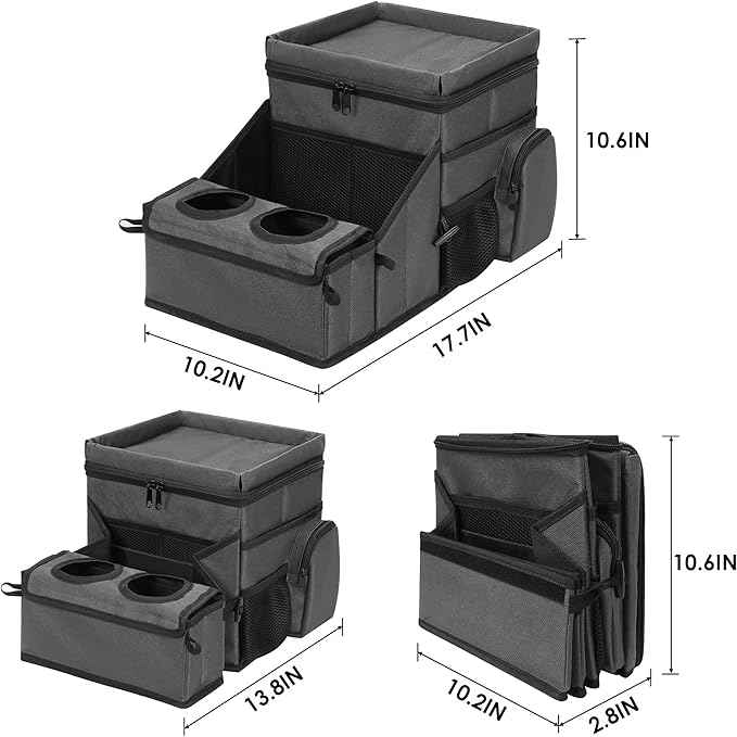 Car Seat Organizer, Backseat Car Organizer with Cup Holder Tray and Storages for Kids and Adults, Portable Travel Cooler for Car for Front or Back Seat Passenger Organizer Ccompartment (Grey)