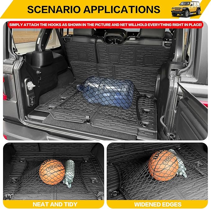 Cargo Mats with Net for 2018-2025 Jeep Wrangler JL Unlimited 4X4 Accessories All Weather Protection Rear Seat Back Cover Trunk Liner Cargo Net for 18-25 JL JLU Gas Type 4 Door(Not for 4XE)