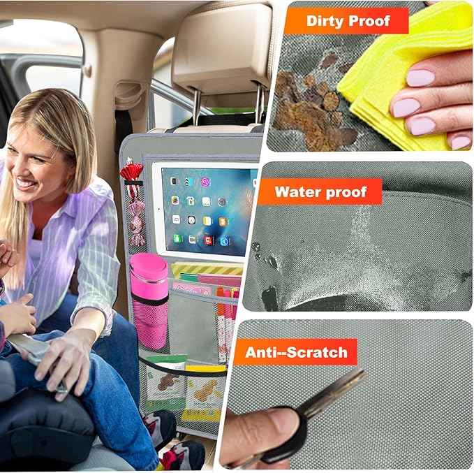 Car Backseat Organizer ，2 Pack Car Organizer Back Seat with 11" Tablet Holder, 10 Storage Pockets Seat Back Protectors Kick Mats for Kids Toddlers, Travel Accessories (Grey)