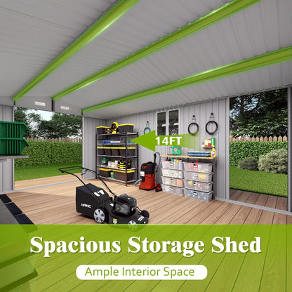 10 x 14 FT Large Outdoor Storage Shed w/ 2 Windows, Heavy Duty Metal Garden Sheds with 3 Lockable Door & Air Vents, Waterproof Tool House for Bicycles, Tools, Backyards, Patios, Lawns, Gray