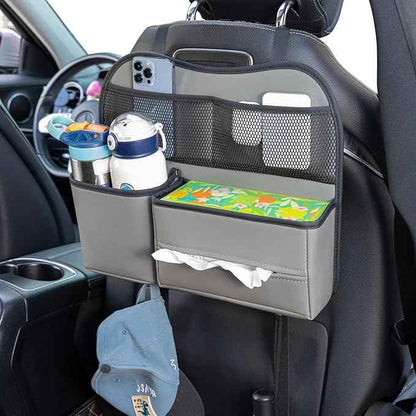 Leather Car Seat Back Organizer with Tissue Holder, Water Bottle Holder, Phone Holder for Road Trips. (Gray)