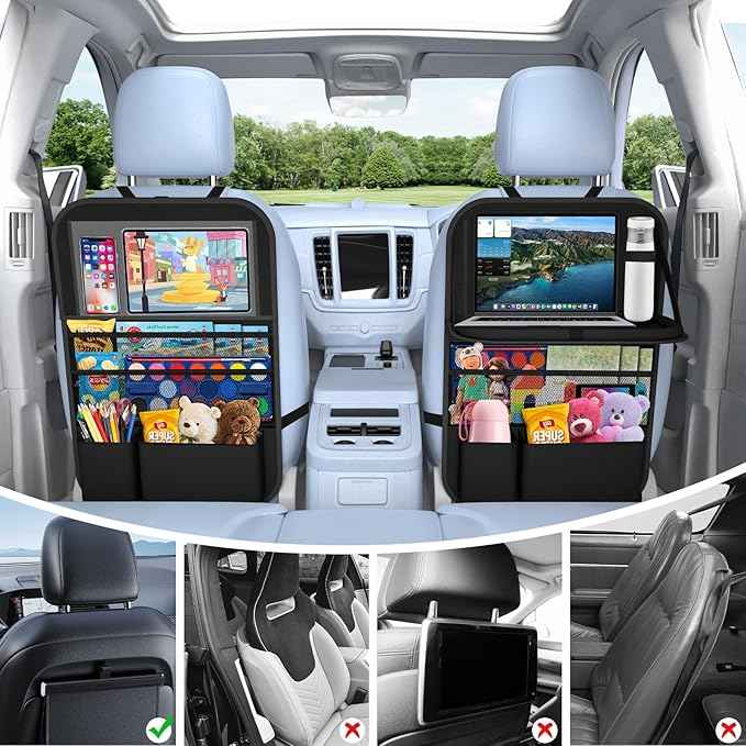 Car Backseat Organizer with table Tray, 9 Storage Pockets Backseat Car Organizer with Tablet Holder, Back seat Organizer for Kids Road Trip Essentials Travel (1Pack)