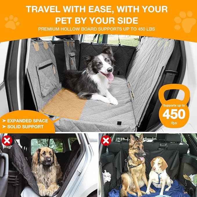 Dog Car Seat Cover, Hard-Bottom Back Seat Extender for Pets, Waterproof Nonslip Hammock for Car, Backseat Dog Bed for Cars SUVs Trucks, Car Seat Protector, Universal Fit 52 x 25 in, Grey
