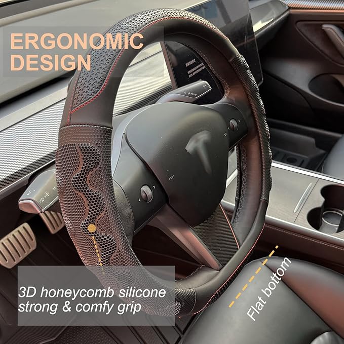 PINCTROT Great Grip Steering Wheel Cover for Tesla Model Y/3 2016-2025 2026 Highland/Juniper, D Shaped 14 Inch Small Sized, Flat Bottom with 3D Honeycomb Anti-Slip Design (Great Grip Black/Red Stitch)