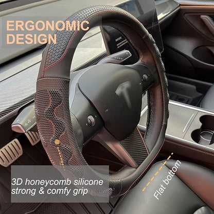 PINCTROT Great Grip Steering Wheel Cover for Tesla Model Y/3 2016-2025 2026 Highland/Juniper, D Shaped 14 Inch Small Sized, Flat Bottom with 3D Honeycomb Anti-Slip Design (Great Grip Black/Red Stitch)