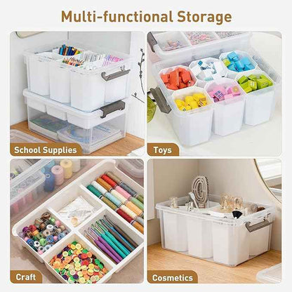 Citylife 17 QT Plastic Storage Box with Removable Tray and 6 Detachable Tall Inserts Craft Organizers and Storage Clear Storage Container for Organizing Crayon, Craft, Sewing, Playdoh, 4 Packs