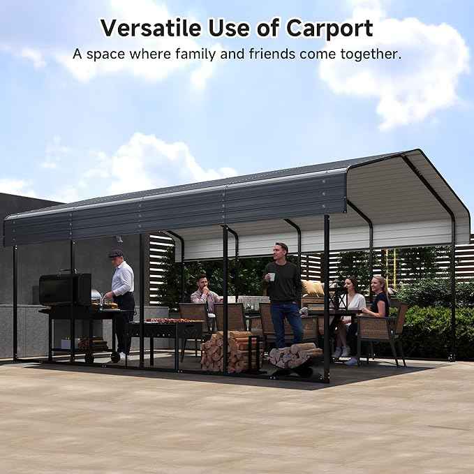 12x20 FT Metal Carport with Reinforced Base, Outdoor Heavy Duty Garage Car Shelter with Galvanized Steel Frame for Pickup, Boat, Car and Tractors, Party, Dark Gray
