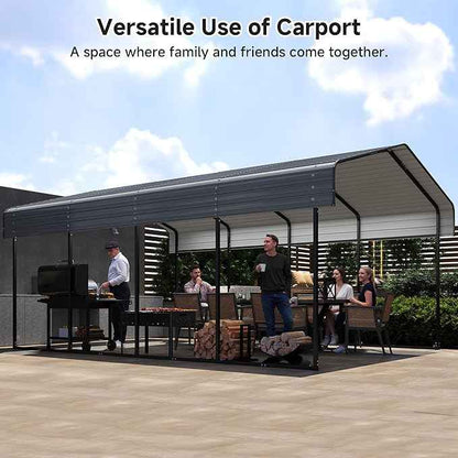 12x20 FT Metal Carport with Reinforced Base, Outdoor Heavy Duty Garage Car Shelter with Galvanized Steel Frame for Pickup, Boat, Car and Tractors, Party, Dark Gray