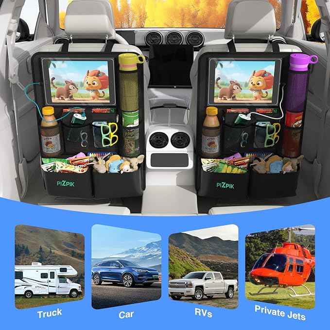 Car Backseat Organizer with Tablet Holder,11 Storage Pockets with Foldable Food Tray, Protector Kick Mats for Kids, Travel Accessories Organizer (Black, 2-Pack)