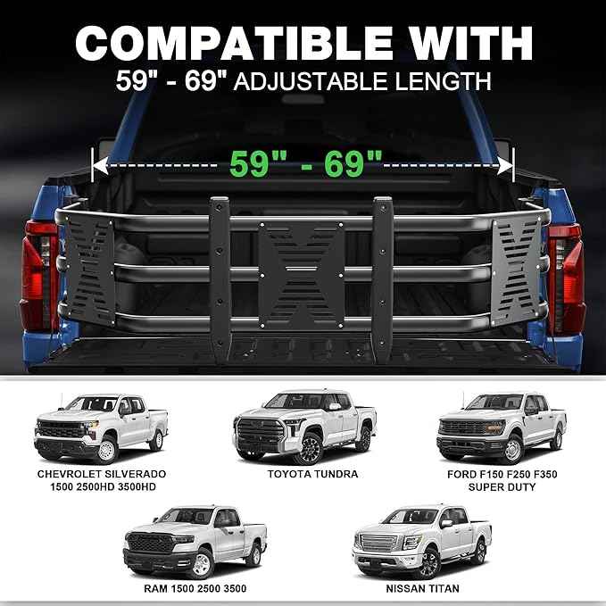 Truck Bed Extender 59"- 69" Adjustable Length, Heavy Duty Aluminum Tailgate Extender with Reinforced Panel, Drill Required, Fits for Ford F150/250/350, Ram 1500-3500, Silverado/Sierra, Tundra,Titan