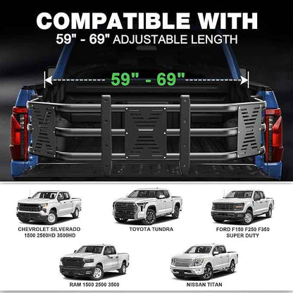 Truck Bed Extender 59"- 69" Adjustable Length, Heavy Duty Aluminum Tailgate Extender with Reinforced Panel, Drill Required, Fits for Ford F150/250/350, Ram 1500-3500, Silverado/Sierra, Tundra,Titan