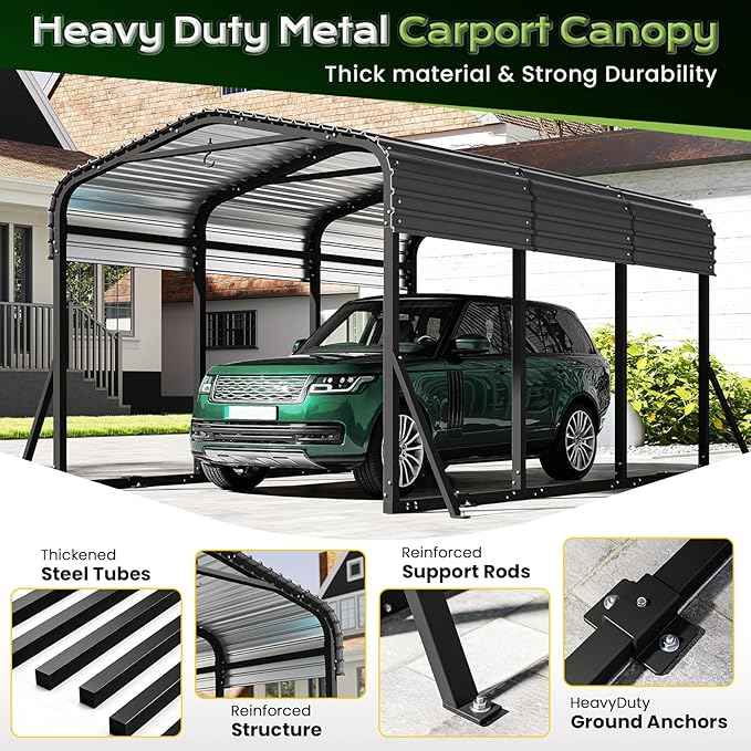 10x15FT Metal Carport, Heavy Duty Car Garage w/Reinforced Support Rods and Windproof Ground Anchors, All-Weather Multi-Use Outdoor Shelter for Car, Boats and Truck