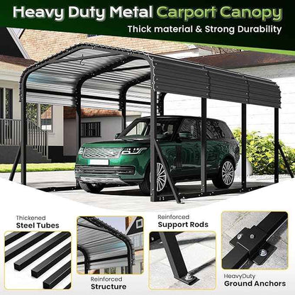 10x15FT Metal Carport, Heavy Duty Car Garage w/Reinforced Support Rods and Windproof Ground Anchors, All-Weather Multi-Use Outdoor Shelter for Car, Boats and Truck