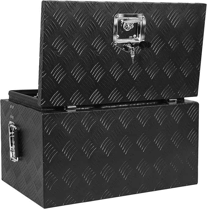 Aluminum Diamond Plate Tool Underbody Box, Waterproof Square Truck Storage Organizer Chest for Pick Up Truck Bed, RV Trailer with T-Handle Lock and Keys (24 inch)