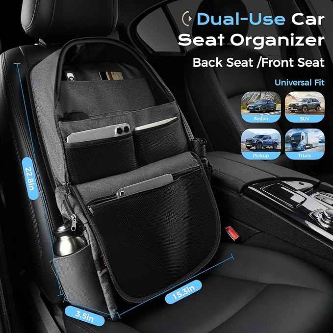 Coverado Backseat Car Organizer 2 Packs, Heavy-Duty Durable Dual-Way Use Car Back Seat Organizer Waterproof with Multi Pockets, Zipper Closure Design, Protect Valuables from Spills, Keeps Car Tidy