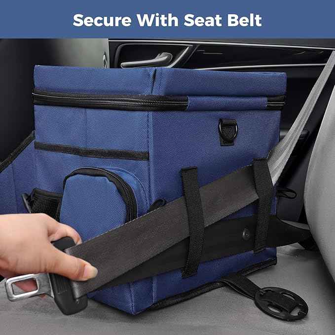 COOLBEBE Car Seat Organizer, Backseat Car Organizer with Cup Holders for Kids and Adults Travel, Cooler Compartment Passenger Seat Organizer Storage Box for Front or Middle Seat, Navy Blue