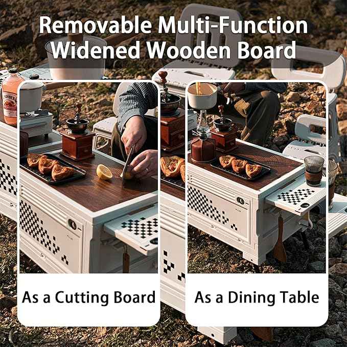 Folding Camping Storage Box with Wooden Table Board, Multi-functional Collapsible Camp Kitchen Box, 56L Storage Bin for Trunk Organizer for Outdoor Picnic, Car RV Storage and Organization