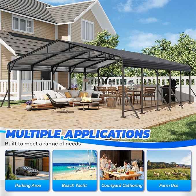 EROMMY 20' x 24' Heavy Duty Metal Carport with Galvanized Steel Roof & Base for All-Weather Protection, Outdoor Carport Garage, Versatile for Car, Boat, Tractor, and Party Use, Dark Gray