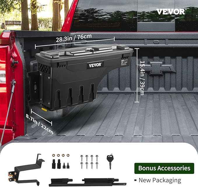 VEVOR Truck Bed Storage Box, Lockable Lid, Waterproof ABS Wheel Well Tool Box 6.6 Gal/20 L, Compatible with Chevrolet Silverado 1500 GMC Sierra 1500 2019-2020, Driver Side, Black