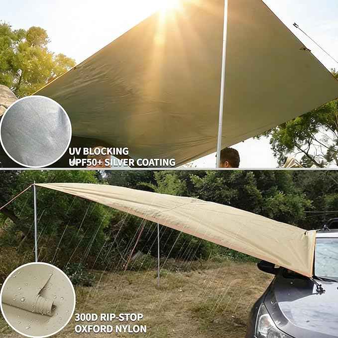 DANCHEL OUTDOOR Large Van Car Awning with Suction Cups, Needn't Roof Rack Mounting, Waterproof Vehicle Camper Awning Canopy Overland Camping, 13x9.8ft Khaki