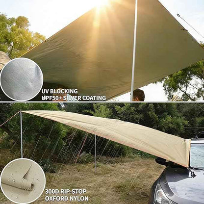 DANCHEL OUTDOOR Large Van Car Awning with Suction Cups, Needn't Roof Rack Mounting, Waterproof Vehicle Camper Awning Canopy Overland Camping, 13x9.8ft Khaki