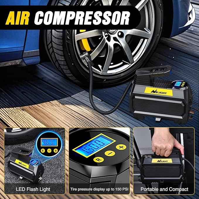 Nilight Car Emergency Kit with Jumper Cable Air Compressor Tire Repair Essential Tools First Aid Alligator Connector Electrical Kit for Travel Camping Outdoor Cars Truck SUV RV