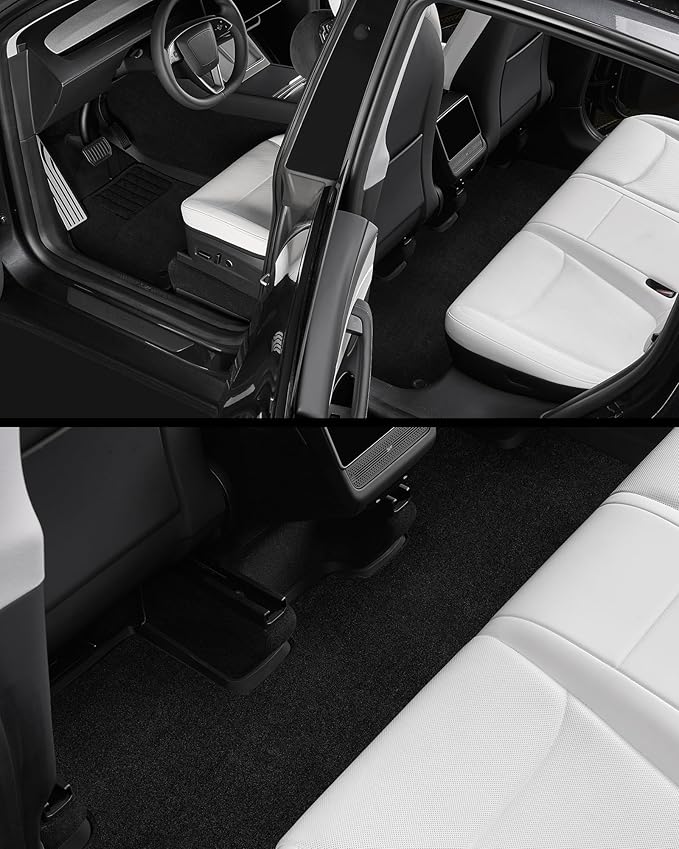 3W Tesla Model Y Juniper Floor Mats with Carpets, Mental Pedal, Double Layer, All Weather TPE Waterproof Custom Fit Automotive Car Floor Liners, Black