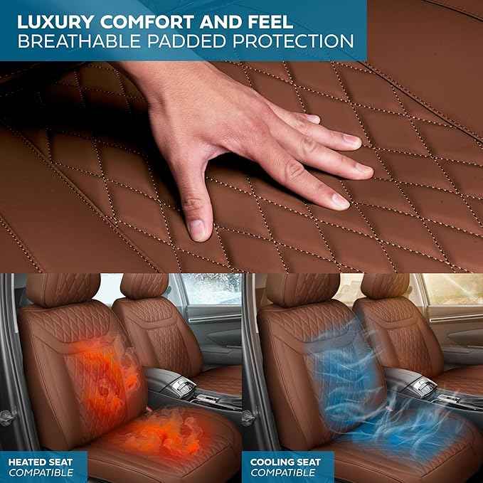Car Seat Covers – Ranch Leatherette Faux Leather Brown Seat Covers for Car – Diamond Stitched Cushioned Interior Protectors for Automotive Accessories, Trucks, SUV, Cars – Two Front Covers