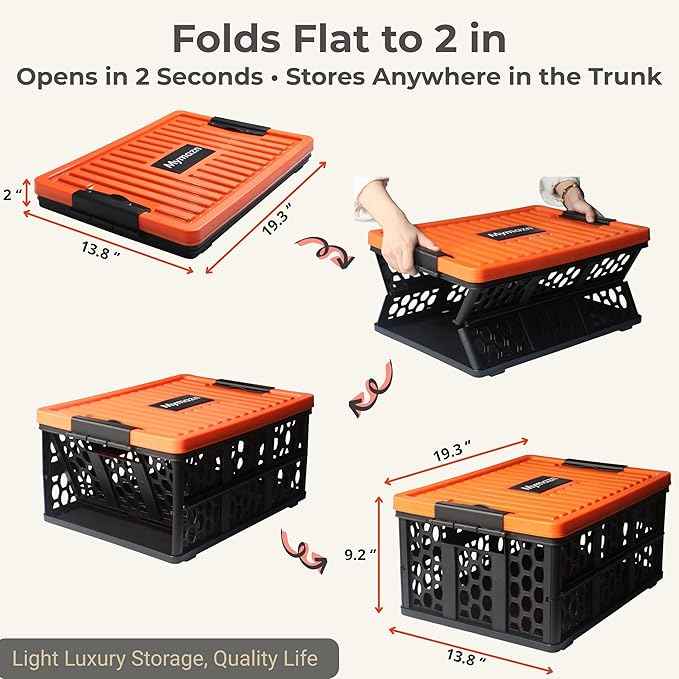 Mymazn Trunk Organizer Plastic for Car, Crate Storage Collapsible Car Organizer for SUV, Groceries, Camping | with Lid, Waterproof Bag, Optional Insulated Cooler(Orange)