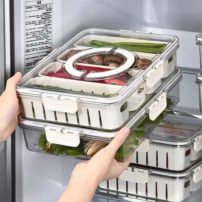 2Pack Divided Veggie Tray with Lid and Handle 4 Compartment Serving Tray with Dividers Portable Travel Snack Storage Containers Stackable Snackle Box Charcuterie Container for Fruit,Vegetable,Salad