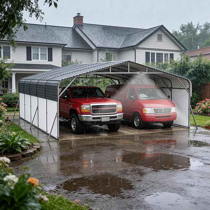 20x25FT Metal Carport w/Led Light,Outdoor Portable Car Garage,Removable PE Sidewalls,Reinforced Base & Galvanized Steel Roof, Outdoor Car Port Canopy Shelter for Boats, Trucks