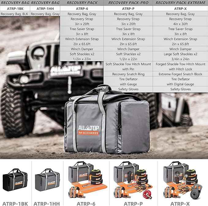 ALL-TOP Recovery Pack 7in1: Water-Resist Offroad Gear Bag with Tow Strap, Tree Saver, Extension Strap, Damper & 2 Soft Shackles
