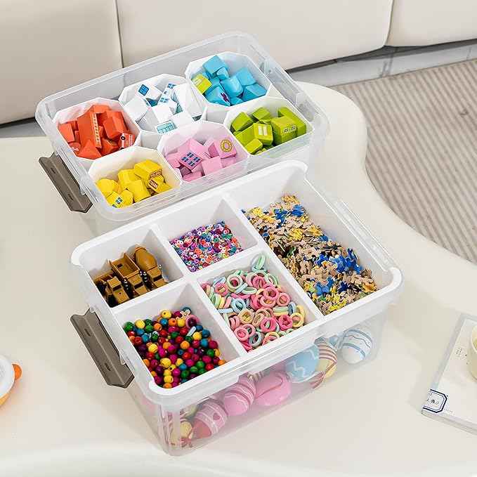 Citylife 17 QT Plastic Storage Box with Removable Tray and 6 Detachable Tall Inserts Craft Organizers and Storage Clear Storage Container for Organizing Crayon, Craft, Sewing, Playdoh, 2 Packs