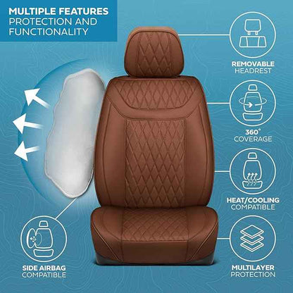 Car Seat Covers – Ranch Leatherette Faux Leather Brown Seat Covers for Car – Diamond Stitched Cushioned Interior Protectors for Automotive Accessories, Trucks, SUV, Cars – Two Front Covers