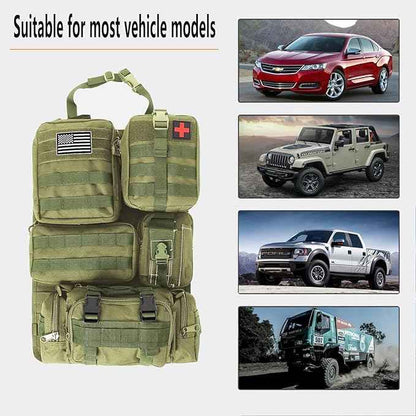tactical car seat back organizer and storage truck seat covers with a Molle Vehicle Panel and 5 Different Size Molle Pouches for most models such as Jeep,SUV,Pickup (Army green)
